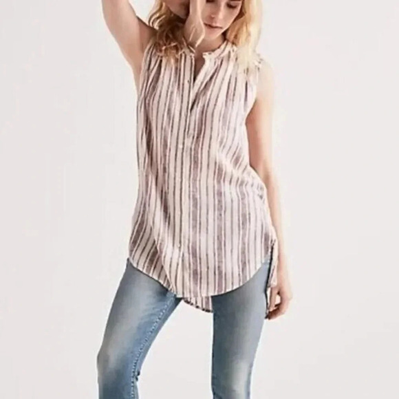 Lucky Brand Beige & Red Stripe Button Down Tie Waist Tunic Tank Top XS - Picture 1 of 7